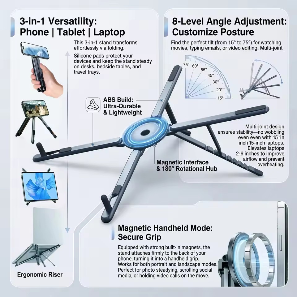Laptop Stand Foldable - حامل هاتف مغناطيسي محمول وعصا سيلفي